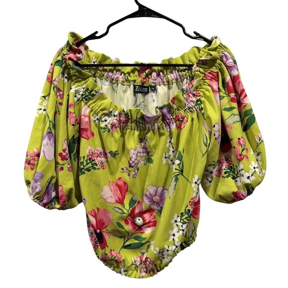 New York And Co 7th Avenue Off The Shoulder Green Floral Top Puff Sleeves